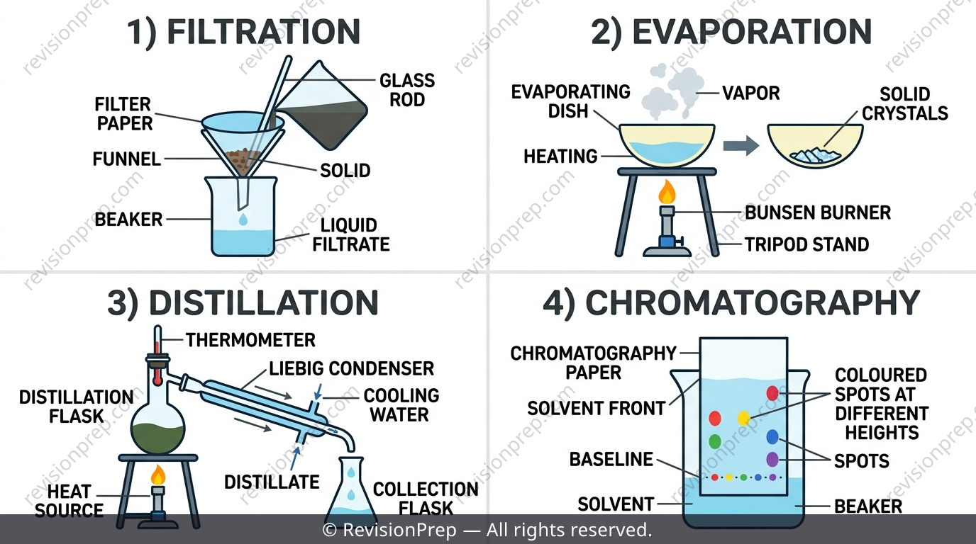 Four small diagrams showing filtration, evaporation, distillation and chromatography setups