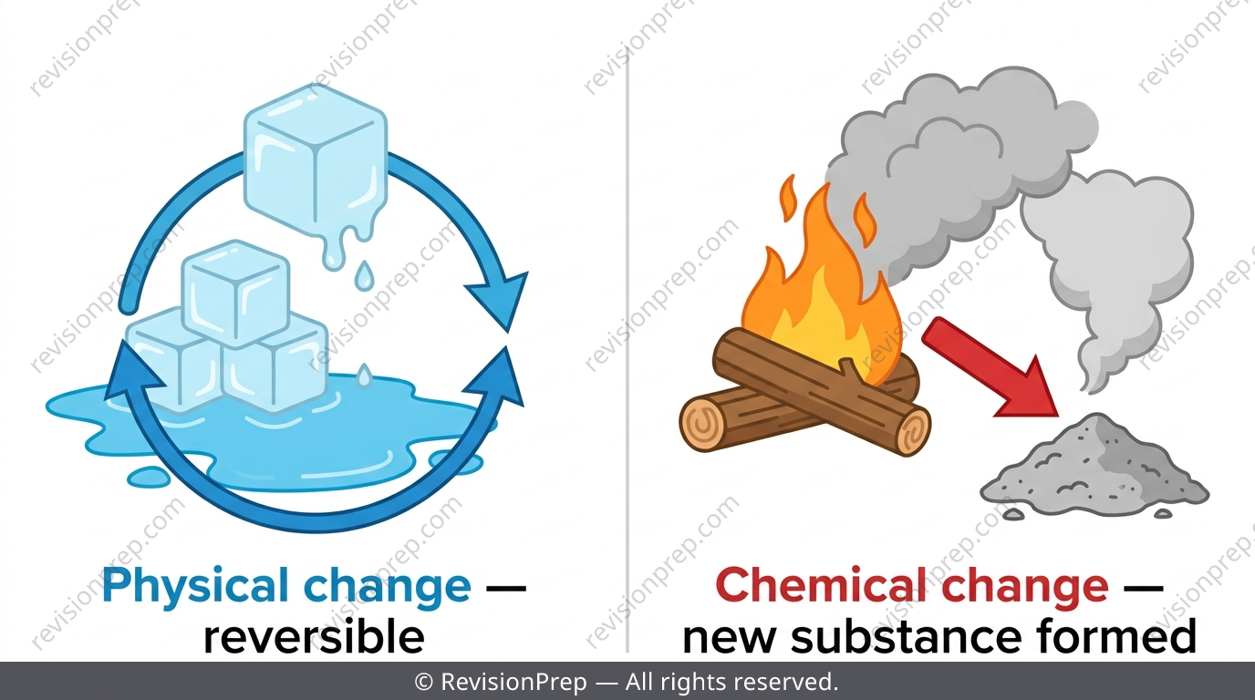 Split illustration comparing melting ice (physical) and burning wood (chemical)