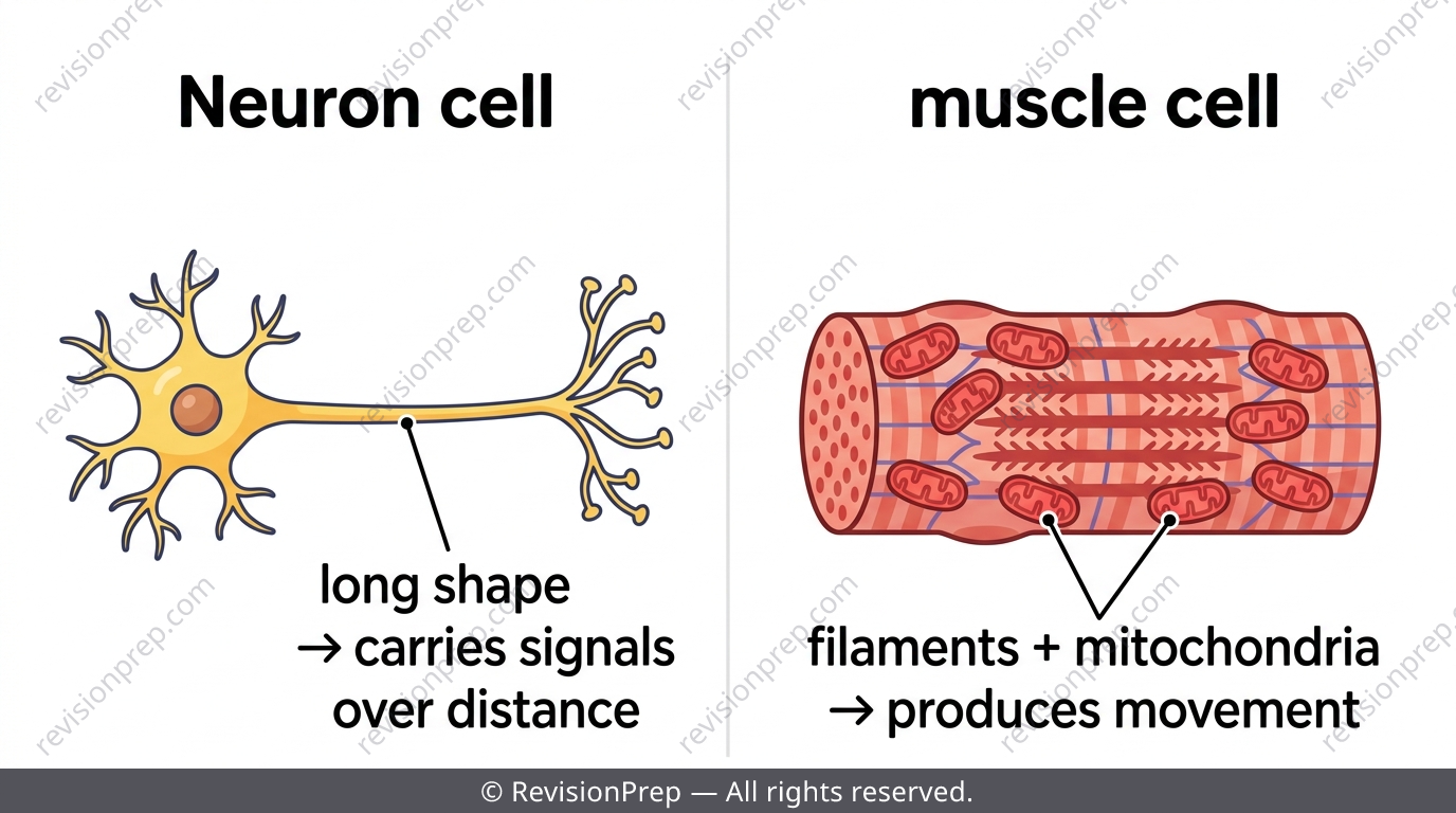 Side-by-side comparison of a neuron and a muscle cell with labelled structural features