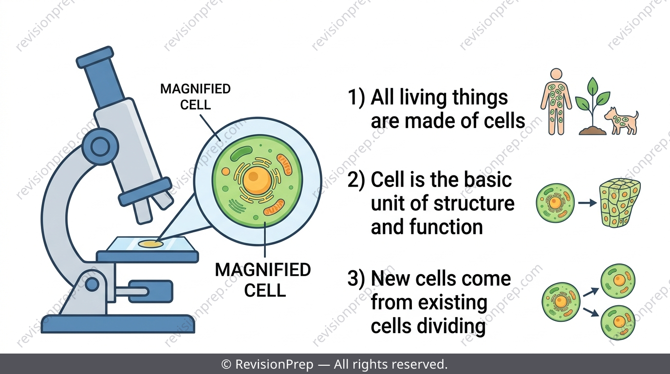 Microscope viewing a single cell with three cell theory statements listed beside it
