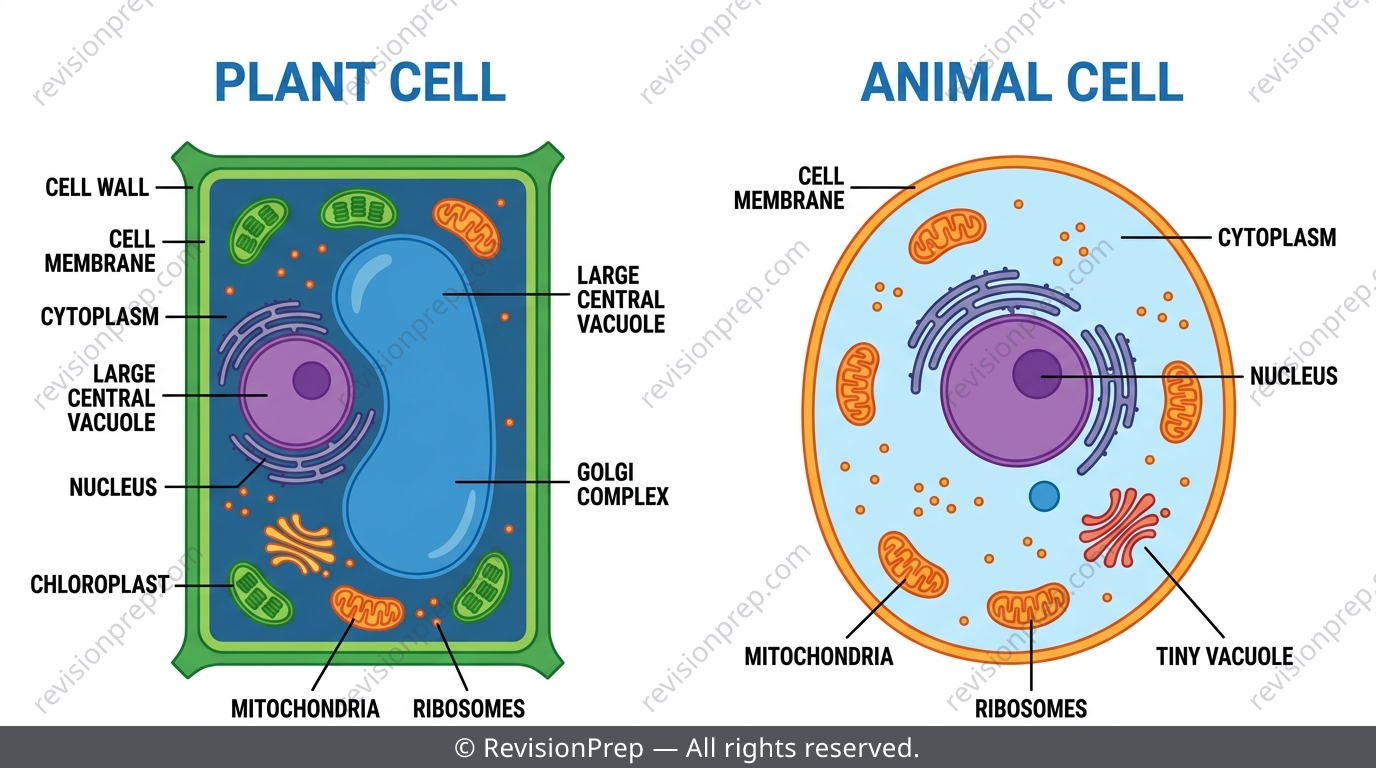 Side-by-side labelled diagram of a plant cell and an animal cell