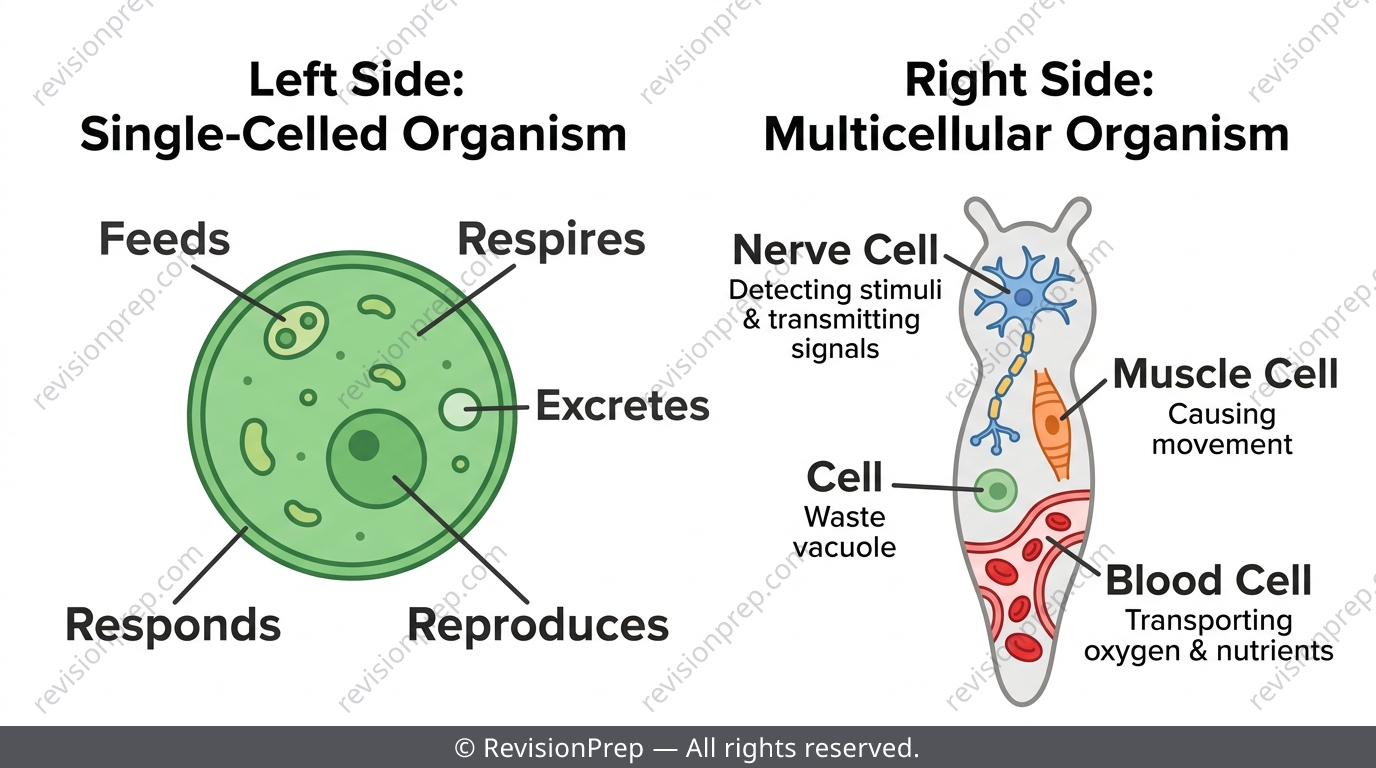 Comparison of a single-celled organism performing all life functions and a multicellular organism with specialised cell types