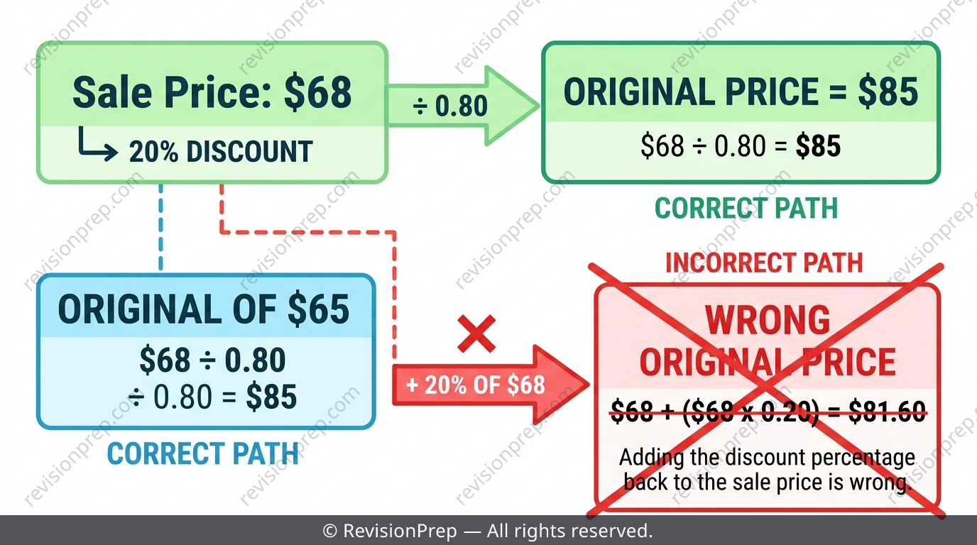 Diagram showing a $68 sale price being divided by 0.80 to find the original price