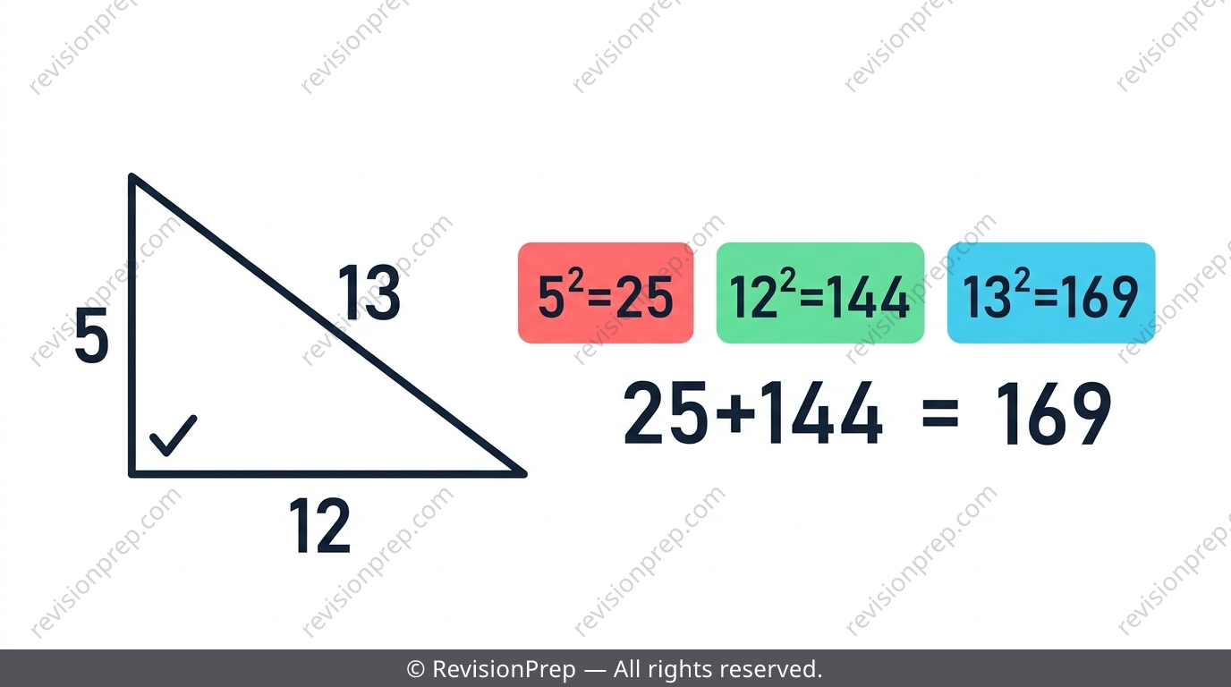 Triangle with sides 5, 12, 13 labeled and squared values compared to show right angle classification