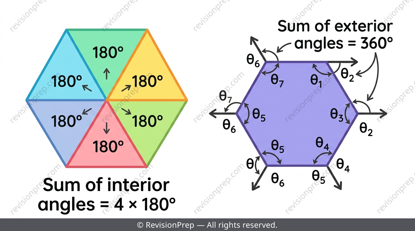 Convex polygon showing interior angles split into triangles and exterior angles marked at each vertex