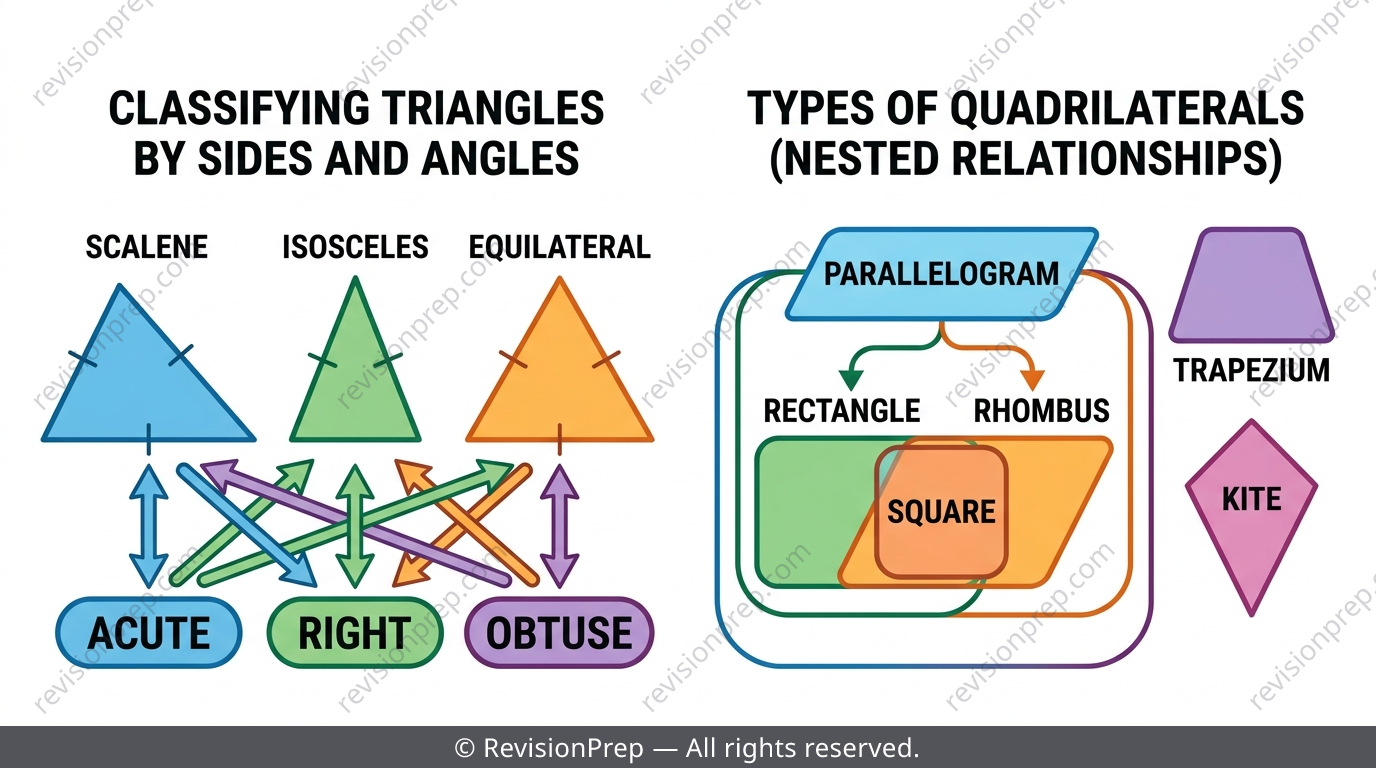 Diagram of triangle types by side and angle, plus quadrilateral family tree