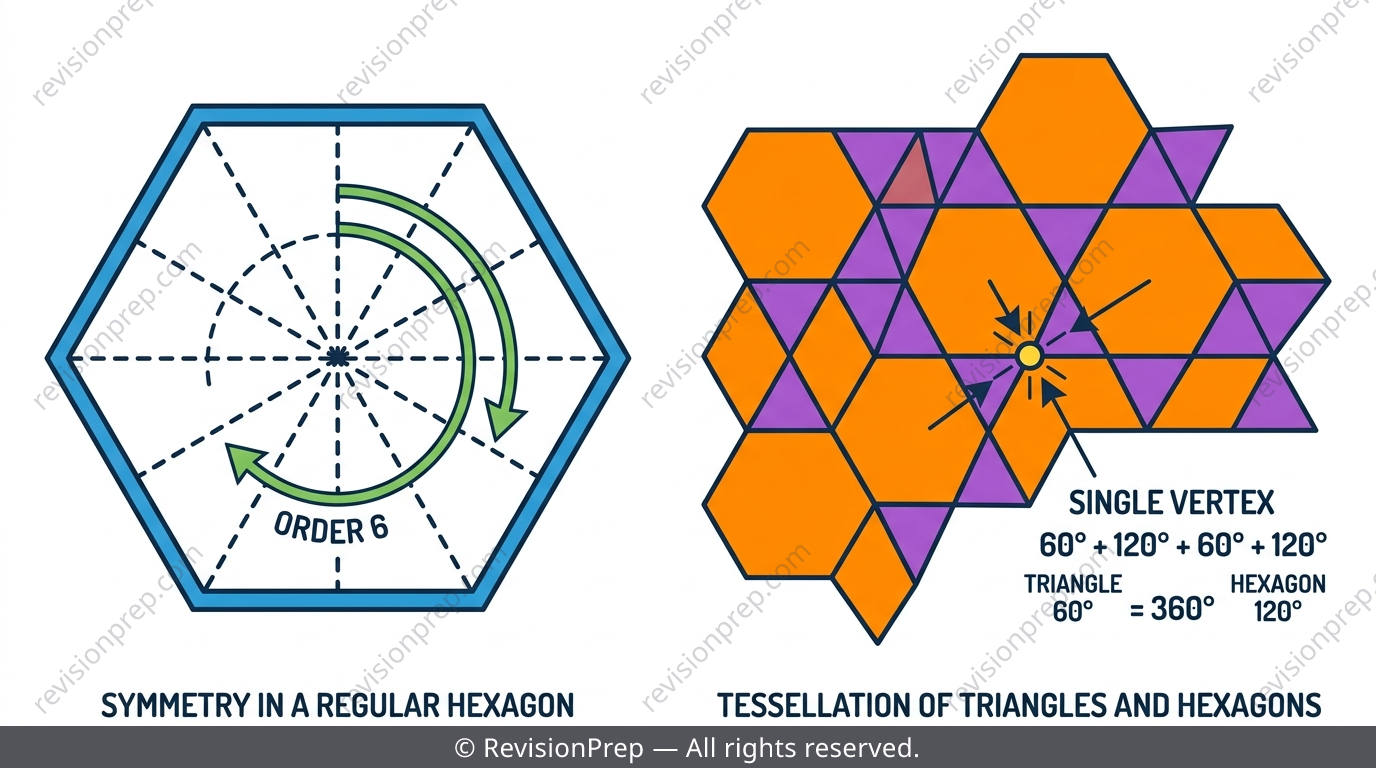 Regular hexagon with lines of symmetry drawn and a tessellation pattern of hexagons and triangles