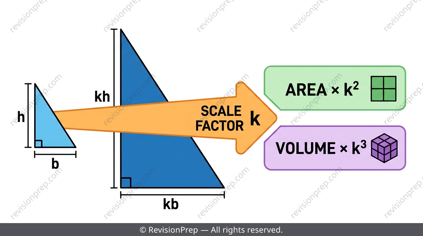 Two similar triangles of different sizes labeled with scale factor k, and side-by-side area and volume scaling boxes