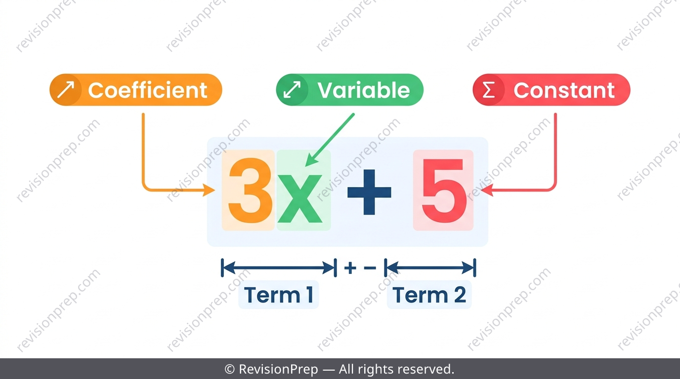 Diagram labelling coefficient, variable and constant in the expression 3x + 5