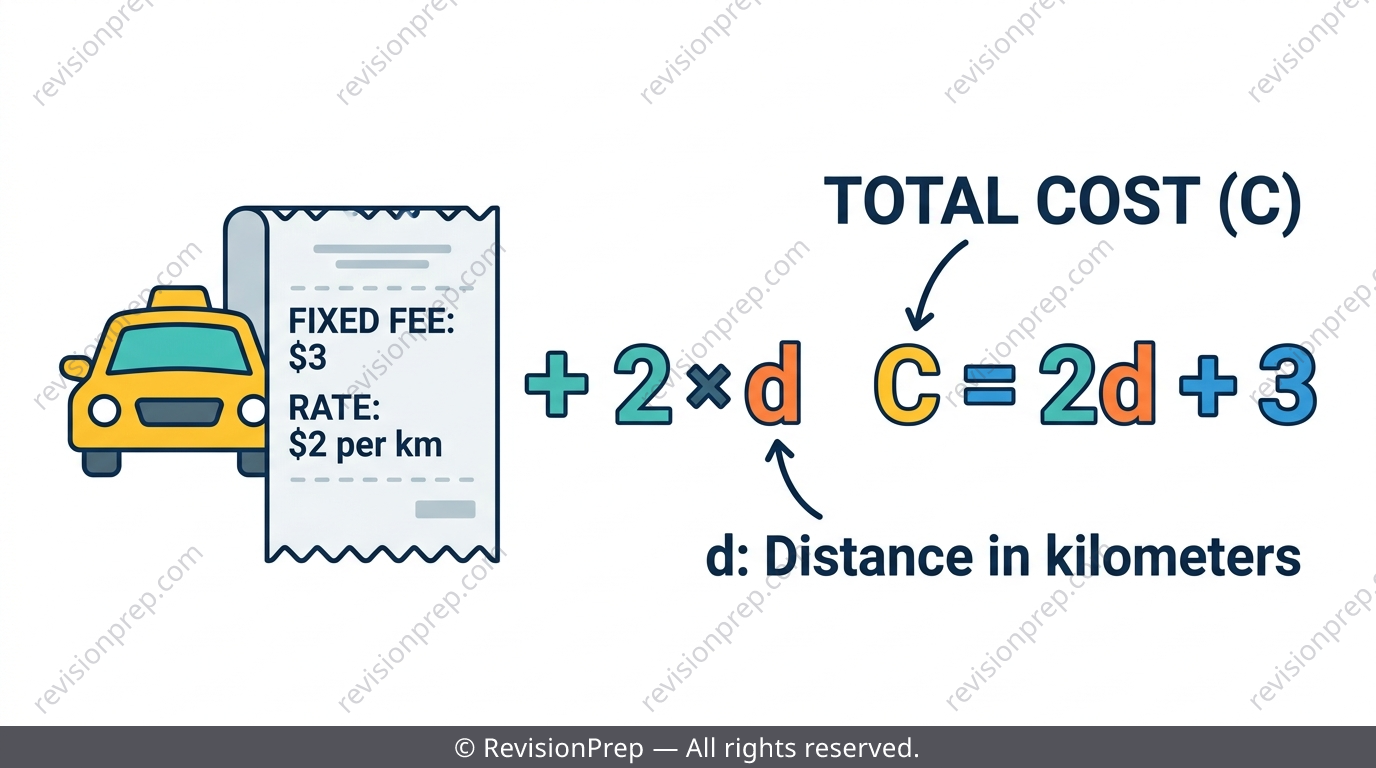 Taxi fare model diagram showing a fixed 3 dollar fee and 2 dollars per kilometre rate combined into an expression
