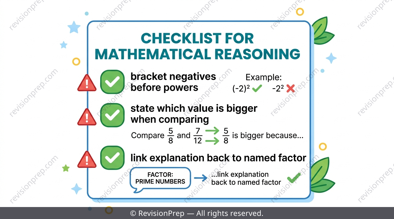 Checklist of common algebra exam traps including brackets, comparisons and explanations