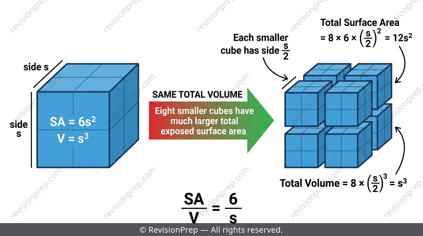 Diagram comparing one large cube and eight small cubes of the same total volume with surface areas labelled