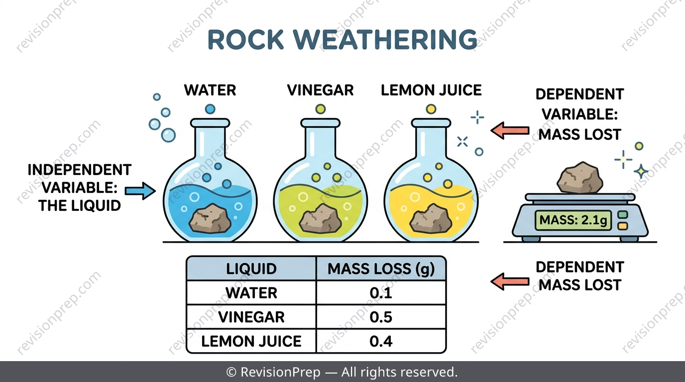Fair test set-up showing three identical rock samples in water, vinegar and lemon juice with IV and DV labelled
