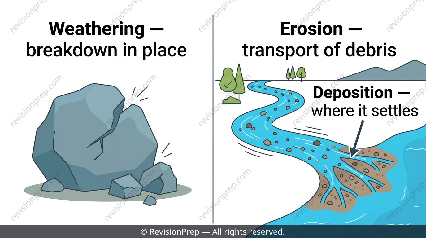 Diagram comparing weathering breaking a rock in place and erosion carrying fragments downstream