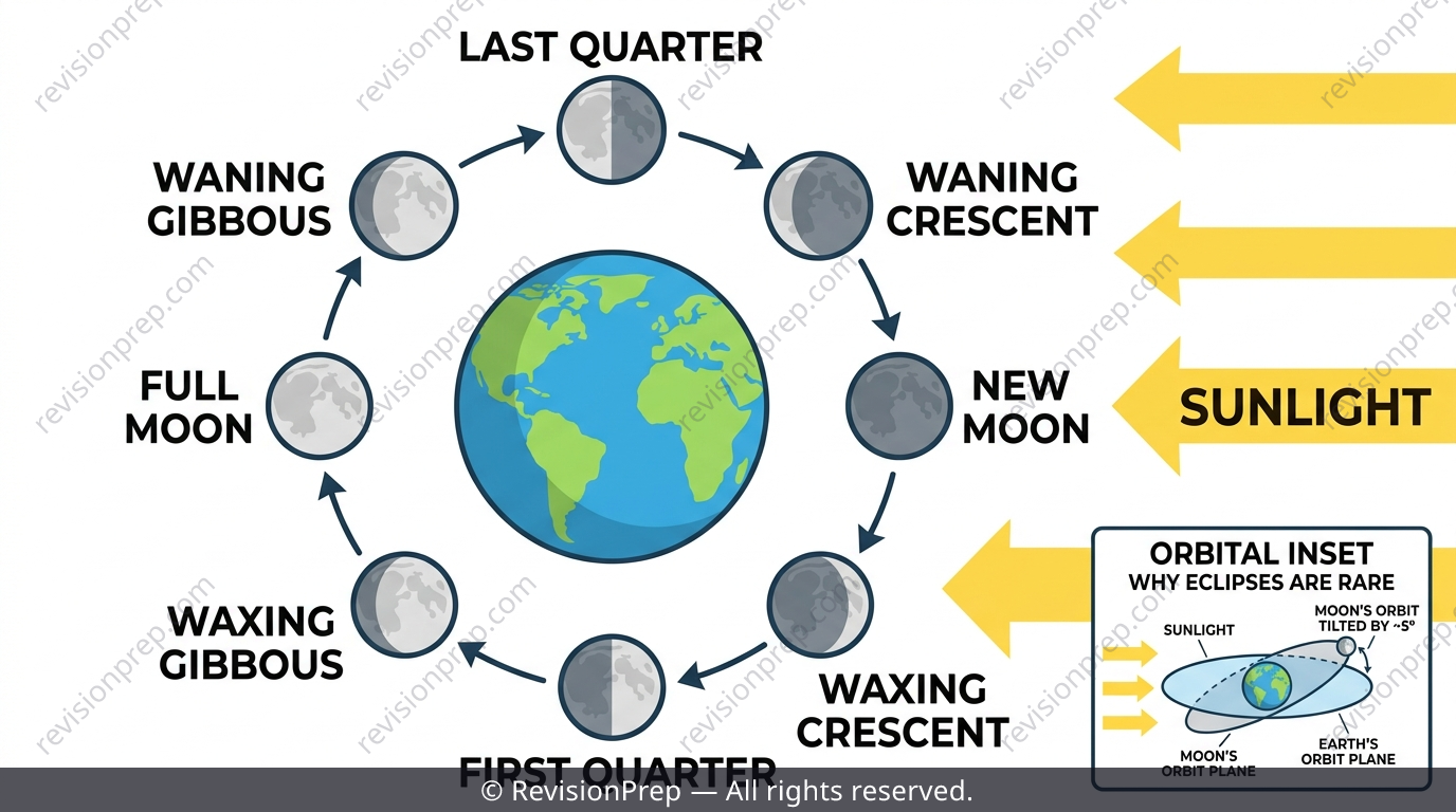 Diagram of the Moon's orbit around Earth showing eight phases and the alignment needed for an eclipse