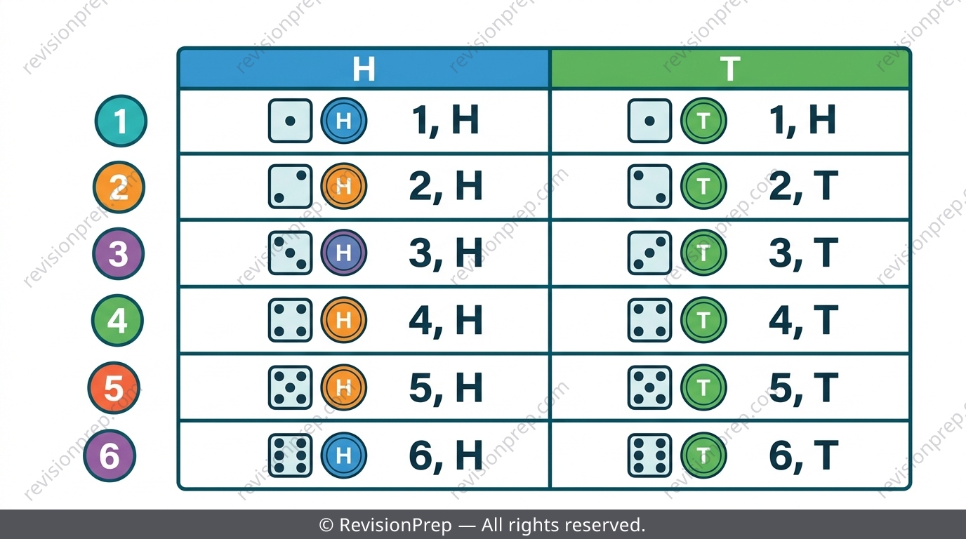 Grid showing a die's six faces crossed with a coin's two faces to form twelve combined outcomes