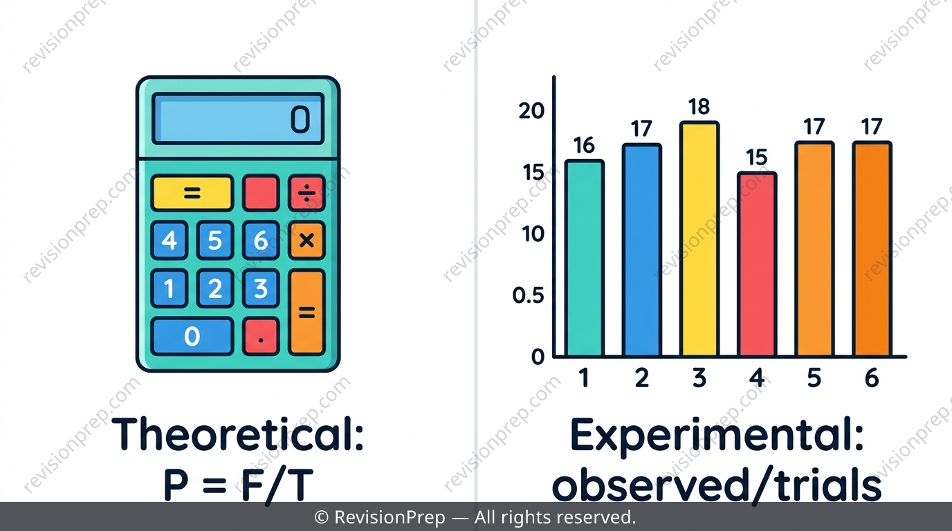 Two panels comparing a calculated probability tree and a bar chart of experimental dice roll results