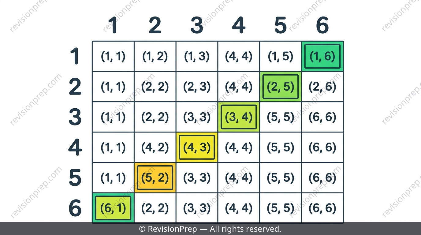 6x6 grid of two dice outcomes with the six pairs summing to 7 highlighted diagonally