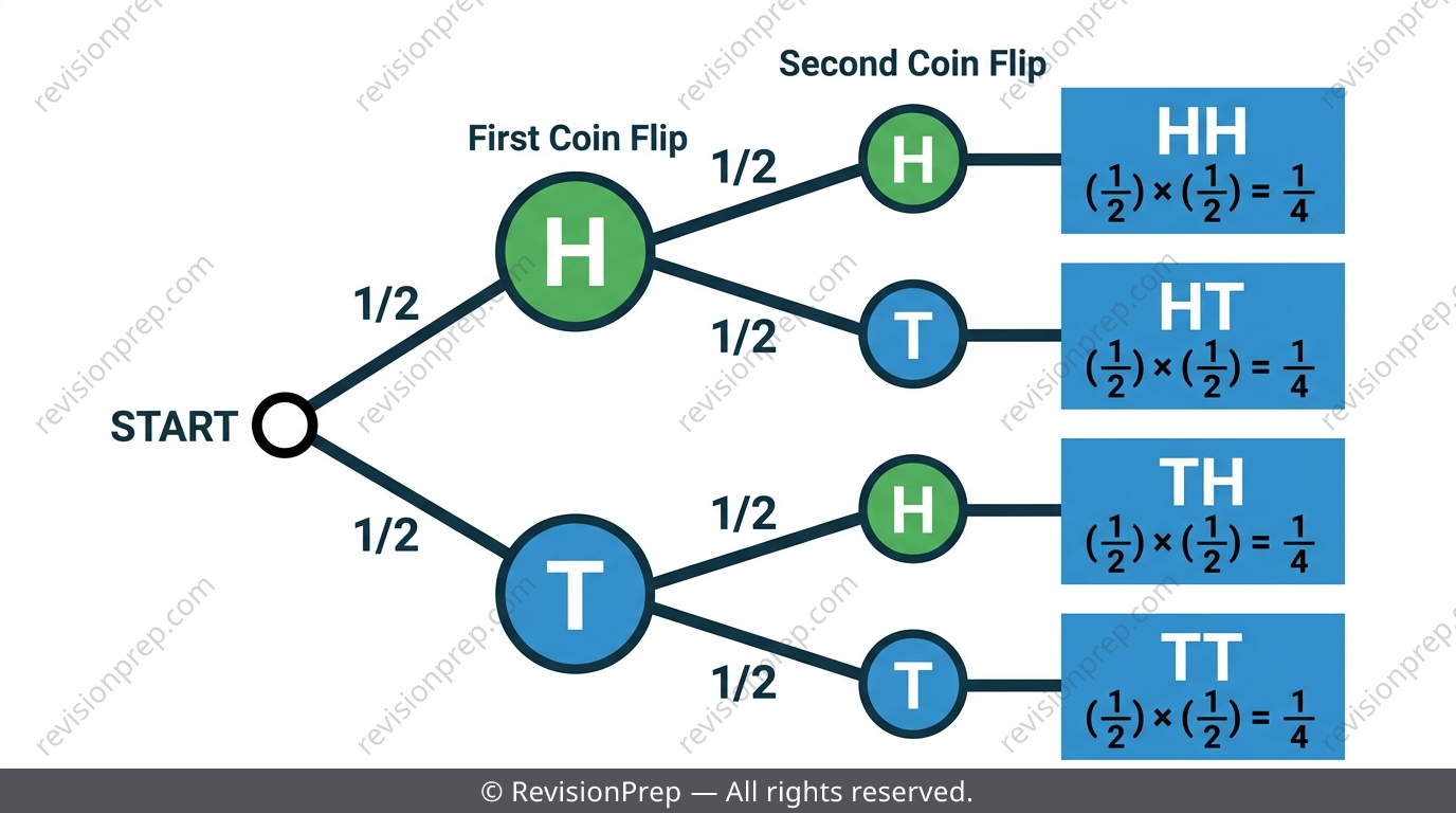 A tree diagram showing two coin flip branches with probabilities multiplied along each path