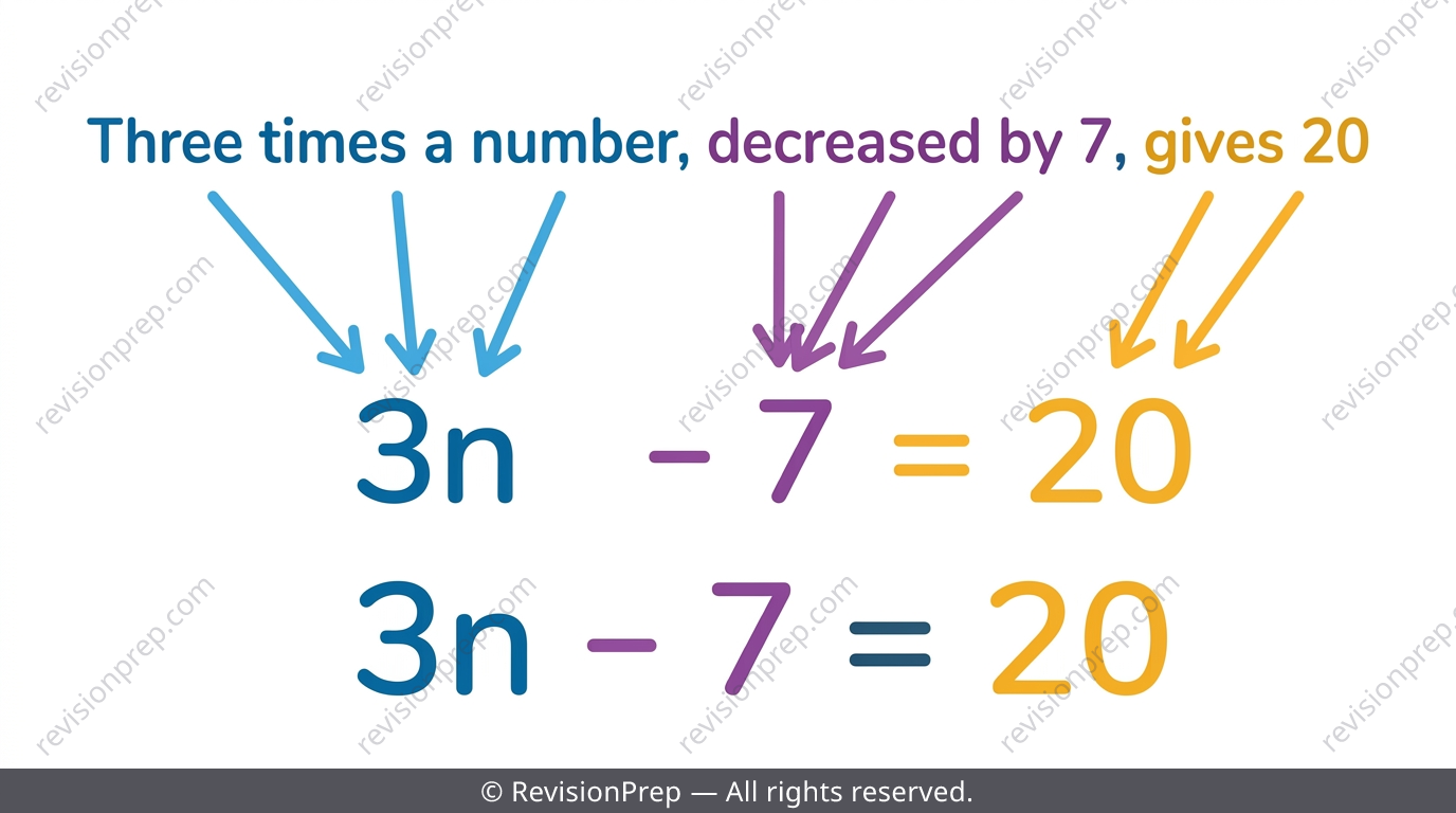 Word problem sentence being translated term by term into algebraic symbols