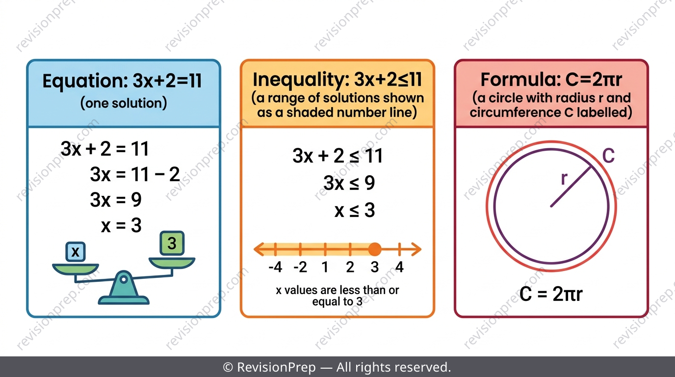 Three labelled boxes showing an equation, inequality and formula side by side