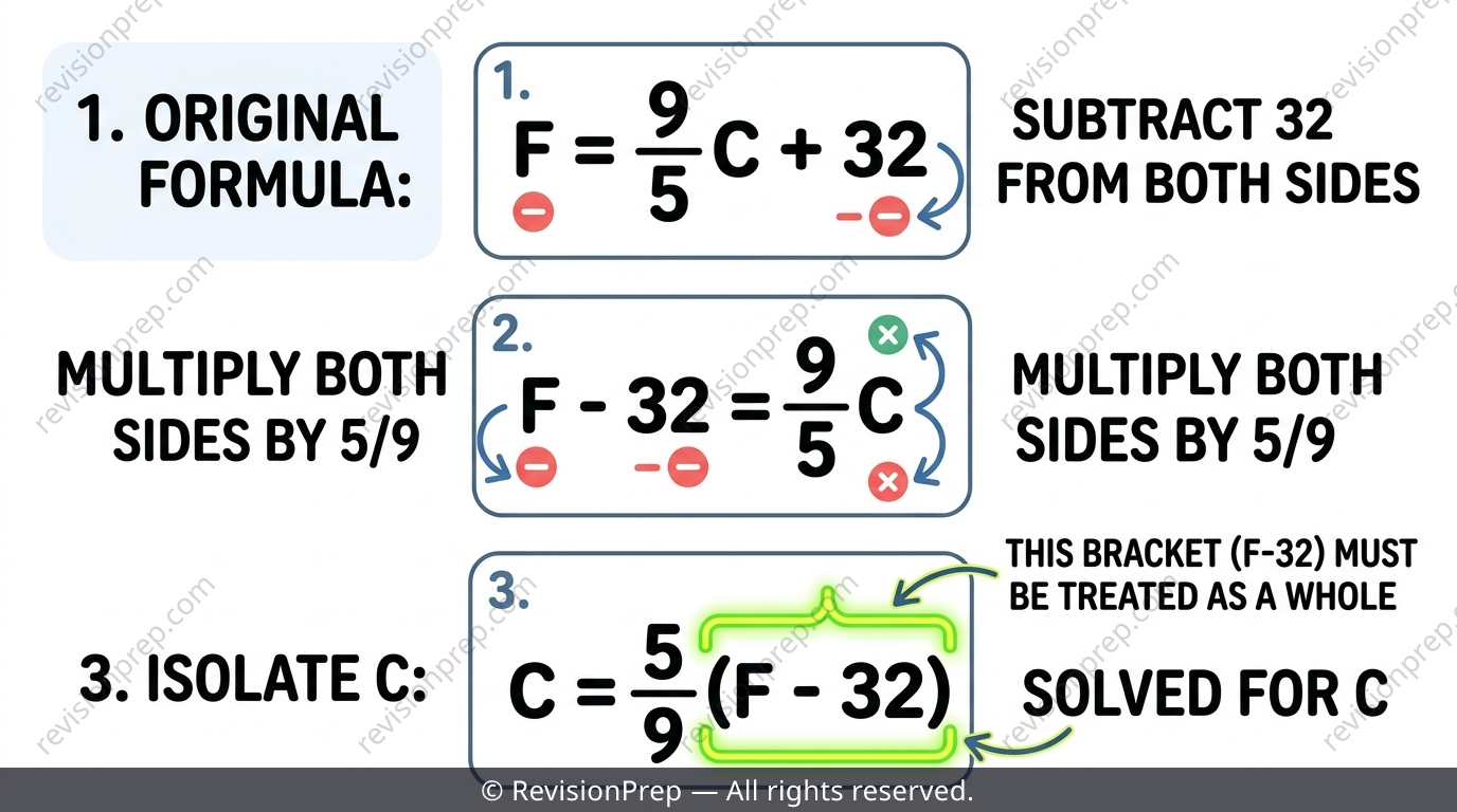 Formula F = 9/5 C + 32 being rearranged step by step to isolate C