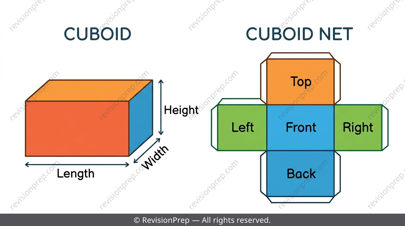 Cuboid unfolded into a net showing three pairs of rectangular faces