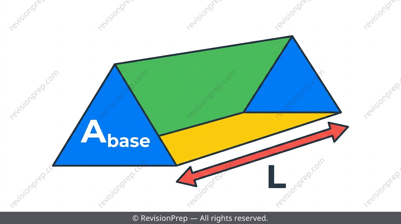 Triangular prism showing cross-sectional triangle area and prism length as separate measurements