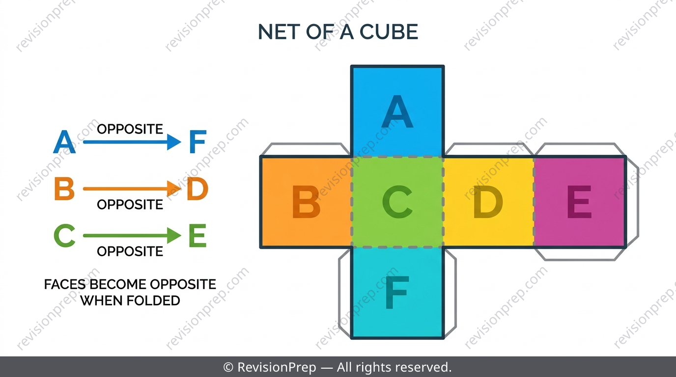 Cross-shaped net of a cube with faces labelled A to F showing opposite face pairs