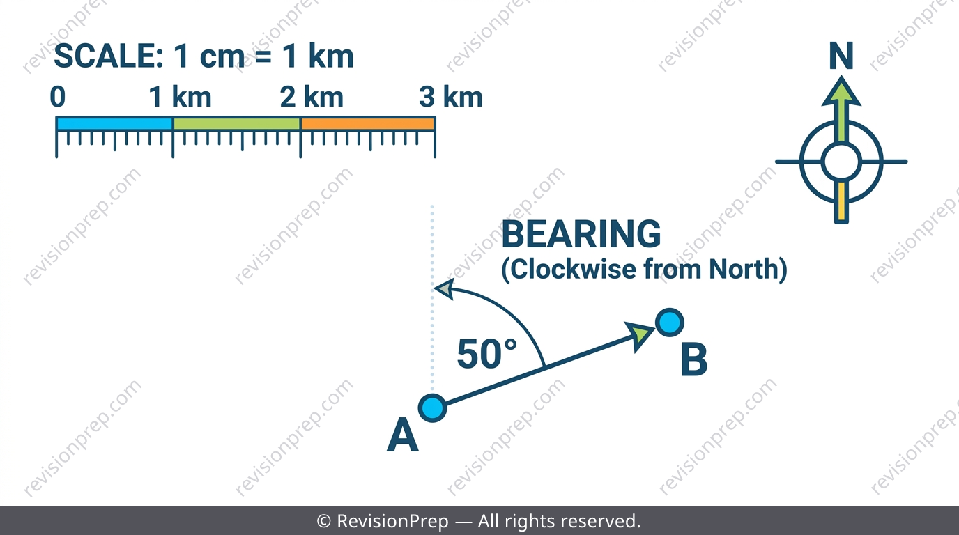 Scale drawing of a map with a ratio key and a bearing angle measured from north