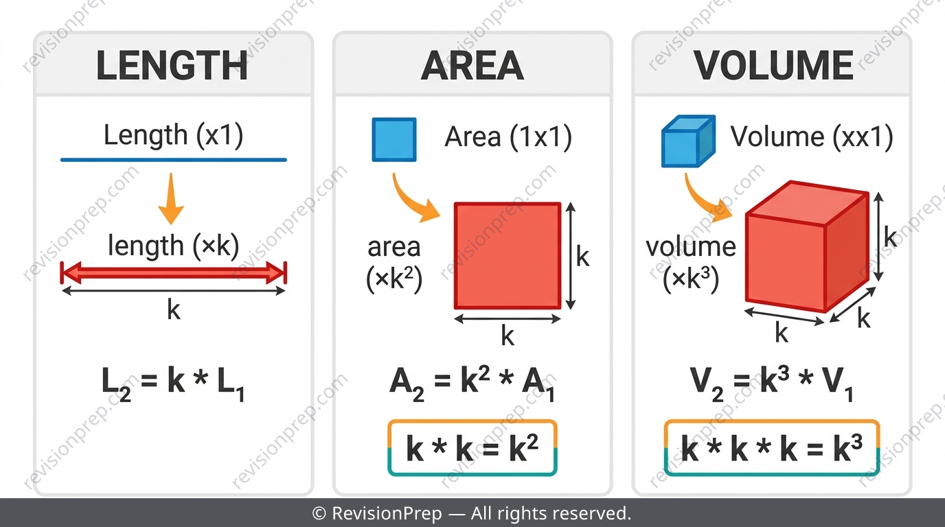 Diagram showing a length, an area and a volume with their matching conversion factors squared and cubed