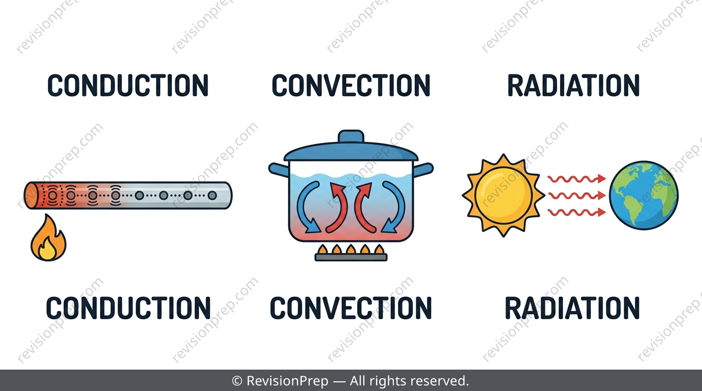 Three side-by-side diagrams showing conduction through a metal rod, convection in a heated pot of water, and radiation from the Sun through space to Earth