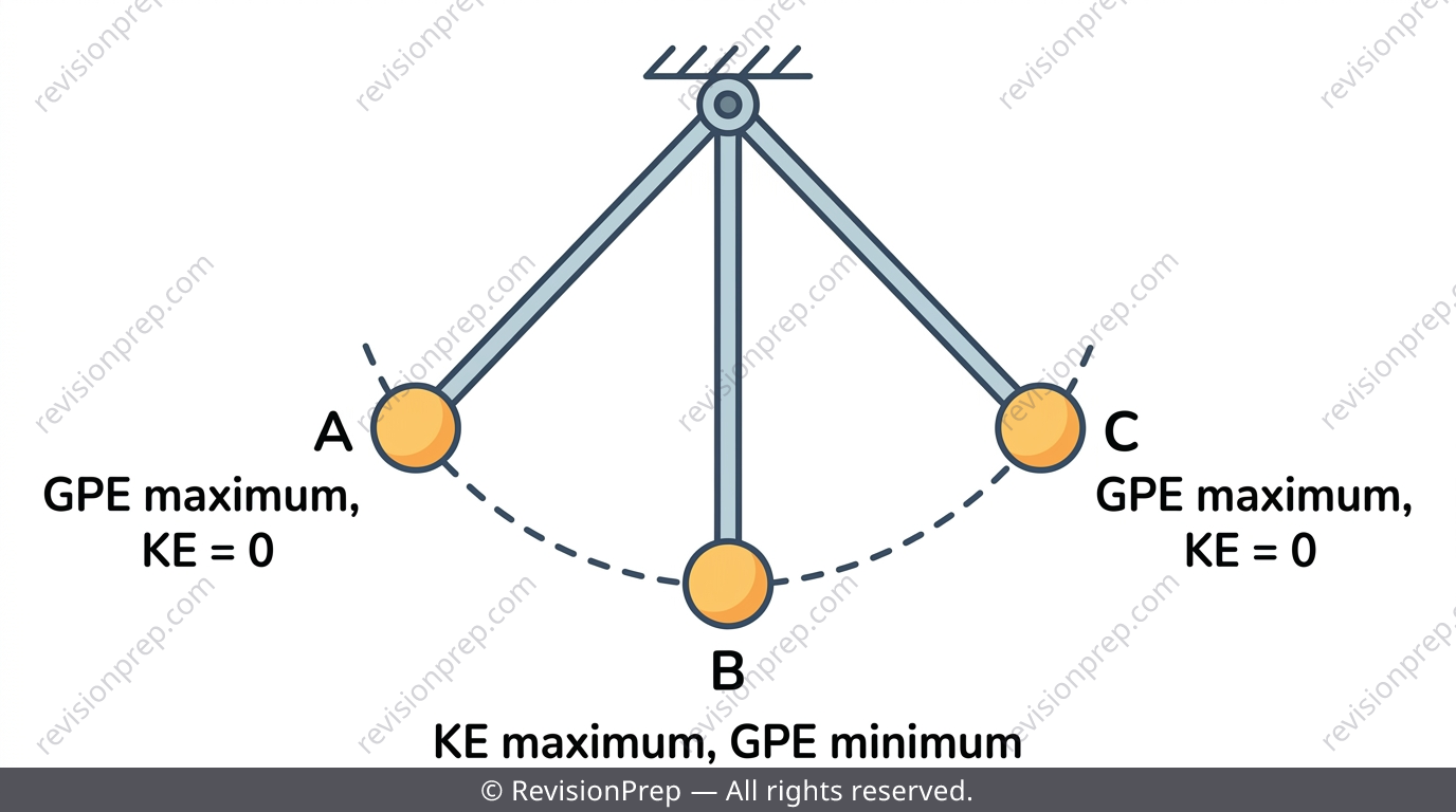 Pendulum swinging between three positions A, B and C showing GPE and KE at each point