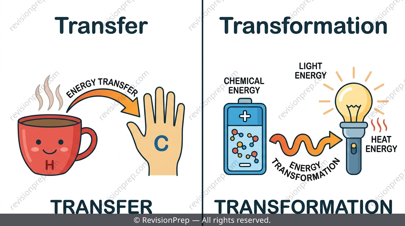 Flowchart showing energy transferring between two objects versus transforming between different energy forms