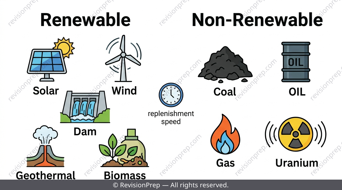 Two-column comparison chart of renewable resources (solar, wind, hydro, geothermal, biomass) versus non-renewable resources (coal, oil, gas, uranium)