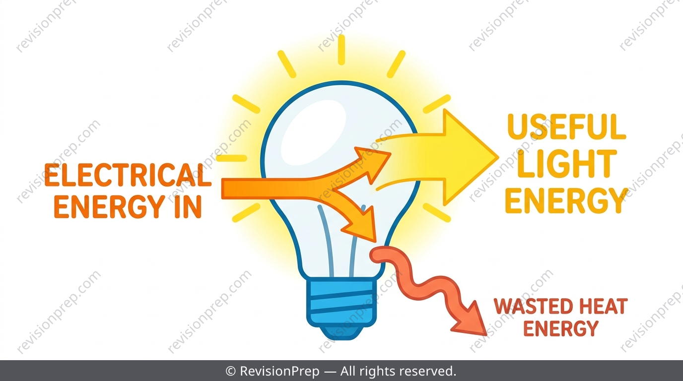 Diagram of a light bulb showing input electrical energy splitting into useful light energy and wasted heat energy