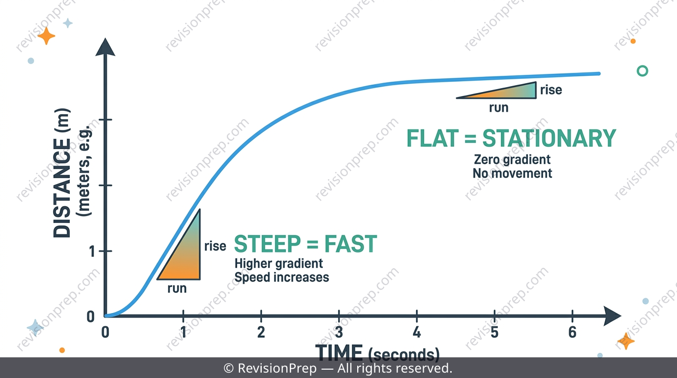 Distance-time graph curving upward then flattening, gradient arrows marking steep and shallow sections