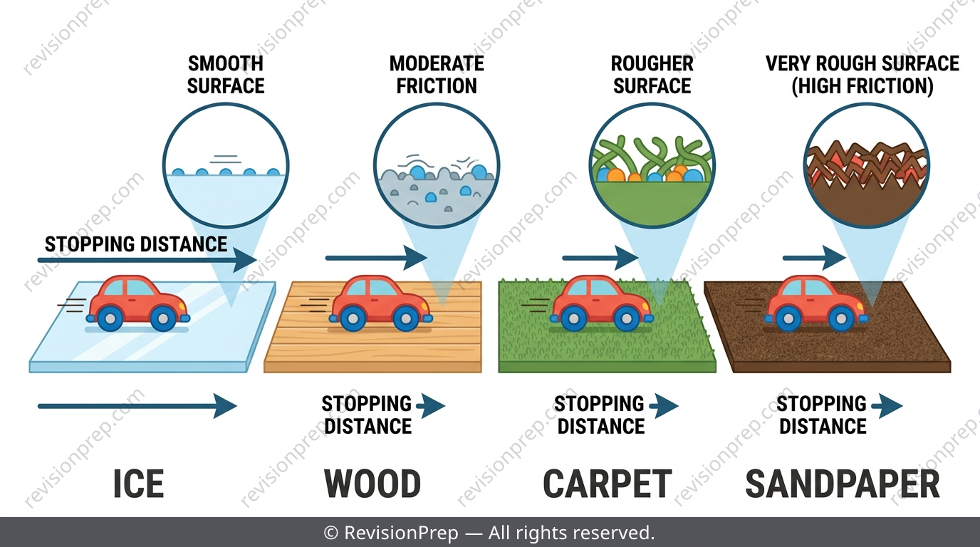 Four surfaces — ice, wood, carpet, sandpaper — showing increasing friction and decreasing stopping distance
