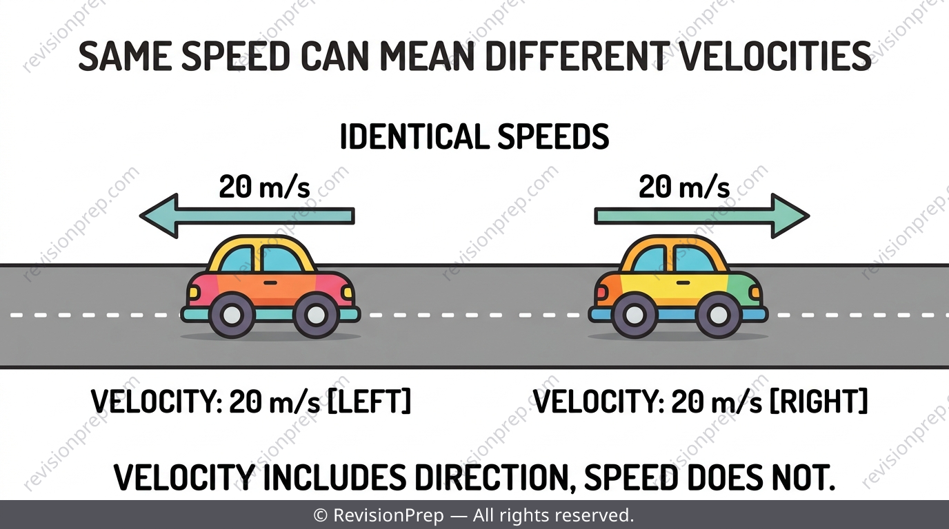 Two cars moving at the same speed in opposite directions to show velocity as a vector