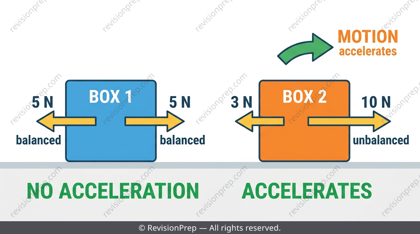 Two boxes: one with balanced equal arrows staying still, one with unbalanced arrows and a moving arrow showing acceleration