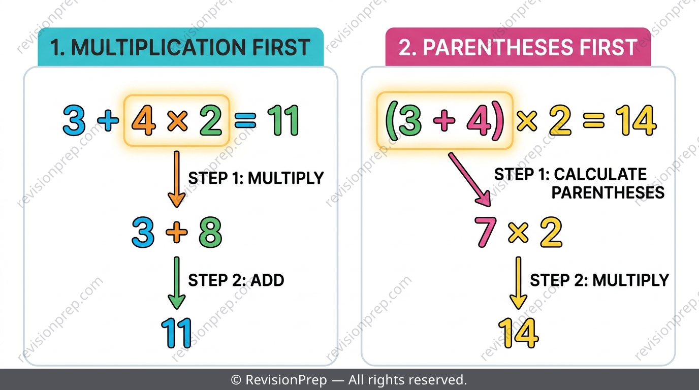 Worked example comparing 3+4x2 with brackets around 3+4 then times 2