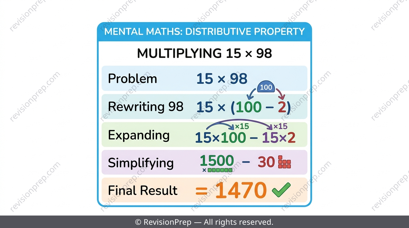 Distributive property mental maths shortcut showing 15 times 98 rewritten as 15 times 100 minus 15 times 2