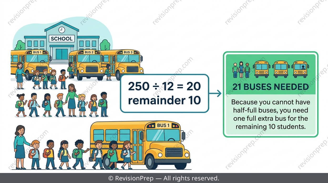 Word problem about buses and students showing division with remainder rounded up to the next whole bus