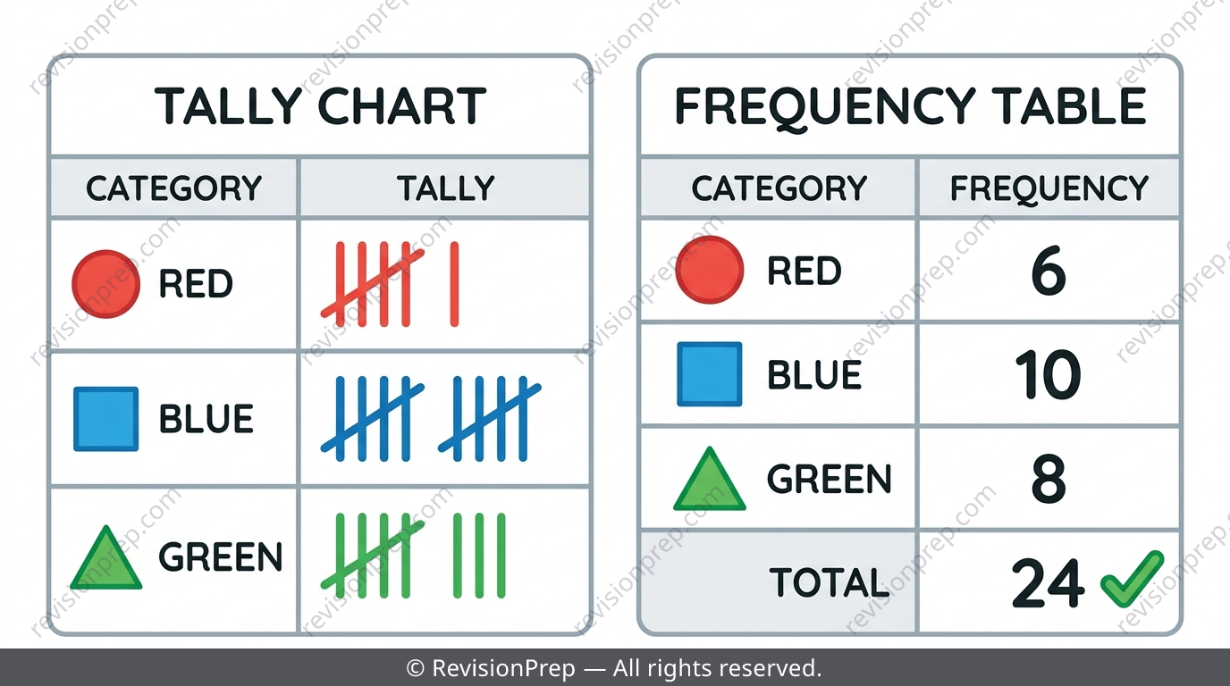 Tally chart with strokes grouped in fives next to a completed frequency table