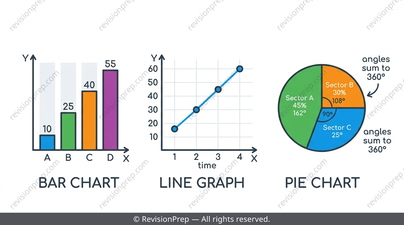 Three small charts side by side: a bar chart with gaps between bars, a line graph with joined points, and a pie chart with labeled sector angles