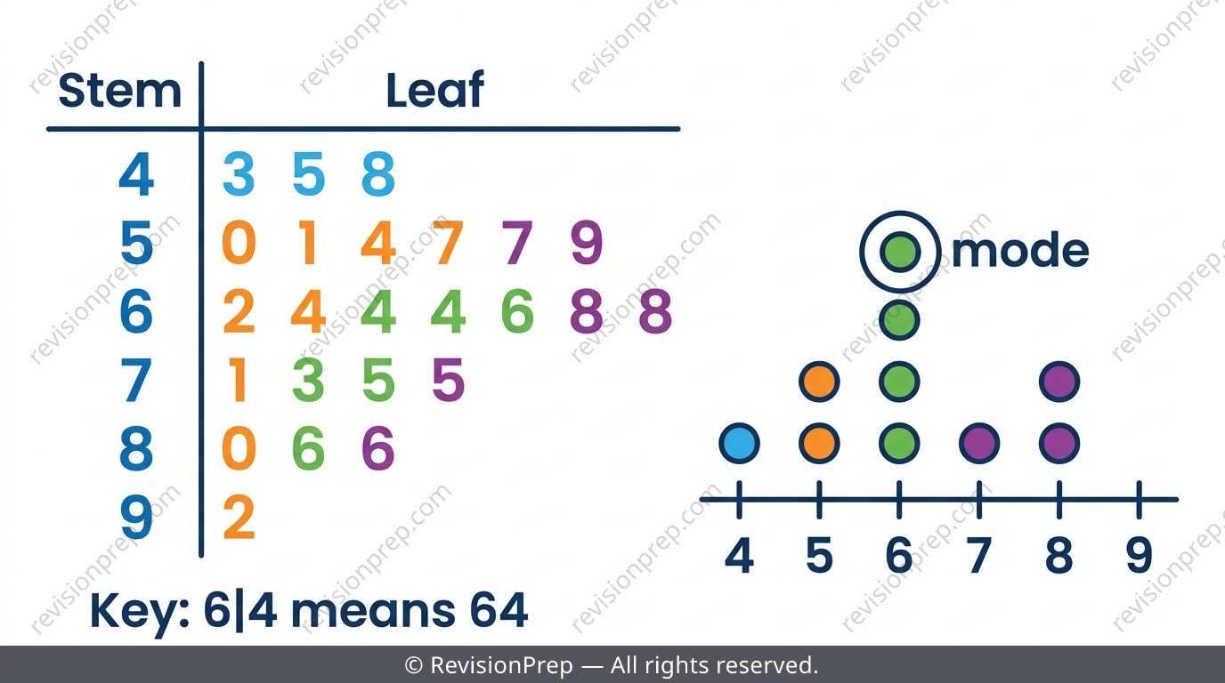 Ordered stem-and-leaf diagram with a key, next to a dot plot showing stacked dots above a number line
