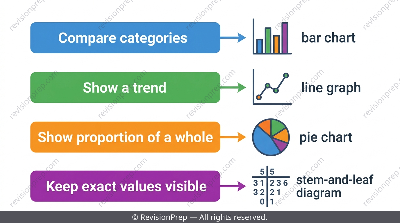 Decision chart matching data purpose to chart type: comparison to bar chart, trend to line graph, proportion to pie chart, exact values to stem-and-leaf or dot plot