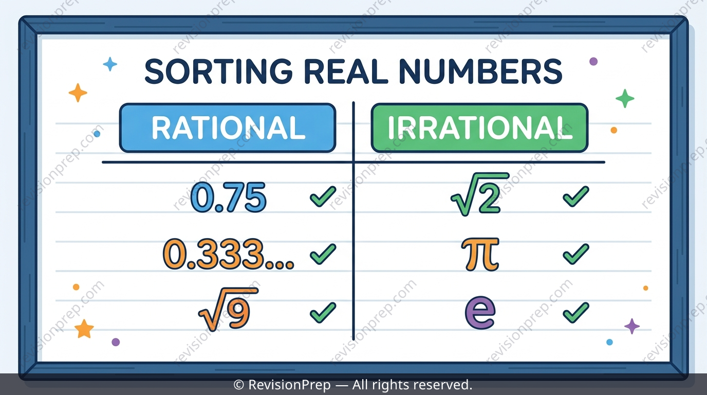 Sorting diagram splitting numbers into rational and irrational columns
