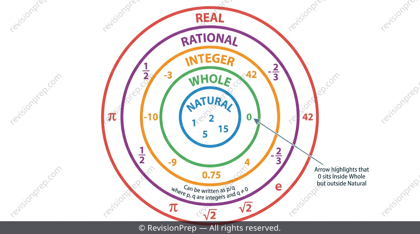Nested circles diagram showing natural, whole, integer, rational and real number sets