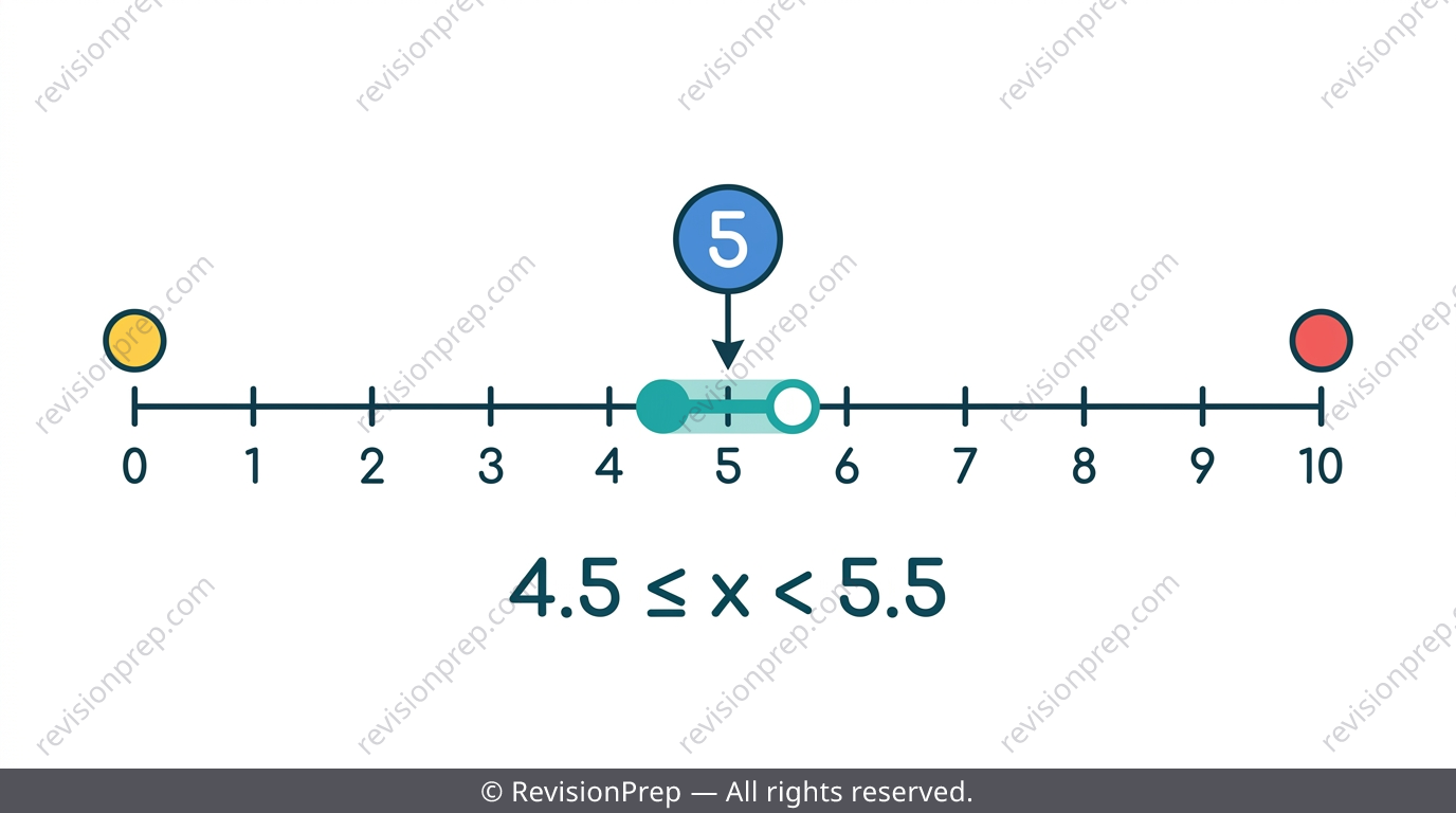 Number line showing lower and upper bounds around a rounded measurement